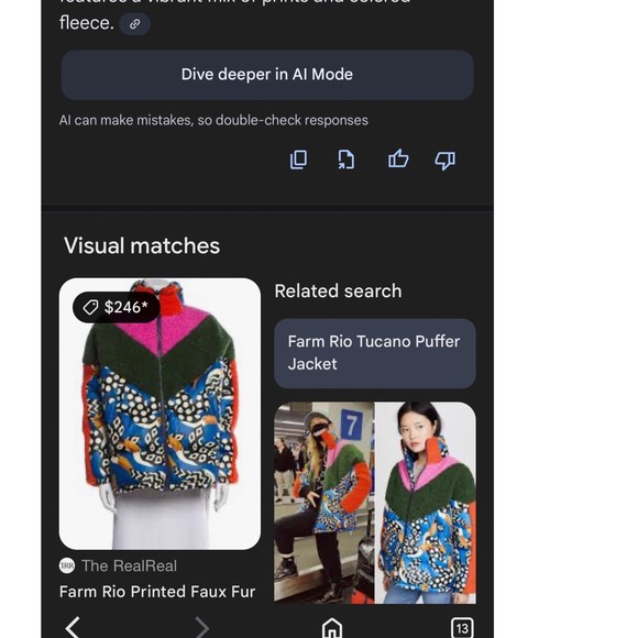 Farm Rio Colorful Tucano Puffer Jacket Mixed Sherpa Fleece S Blue Multi Zip Up - Picture 7 of 7